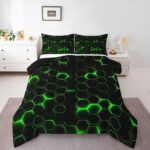 jejeloiu Honeycomb Comforter Set Twin Size Hexagon Theme Bedding Set for Boys Men Adults Teens Green Neon Lights Hexagonal Art Duvet Quilt Room Decor