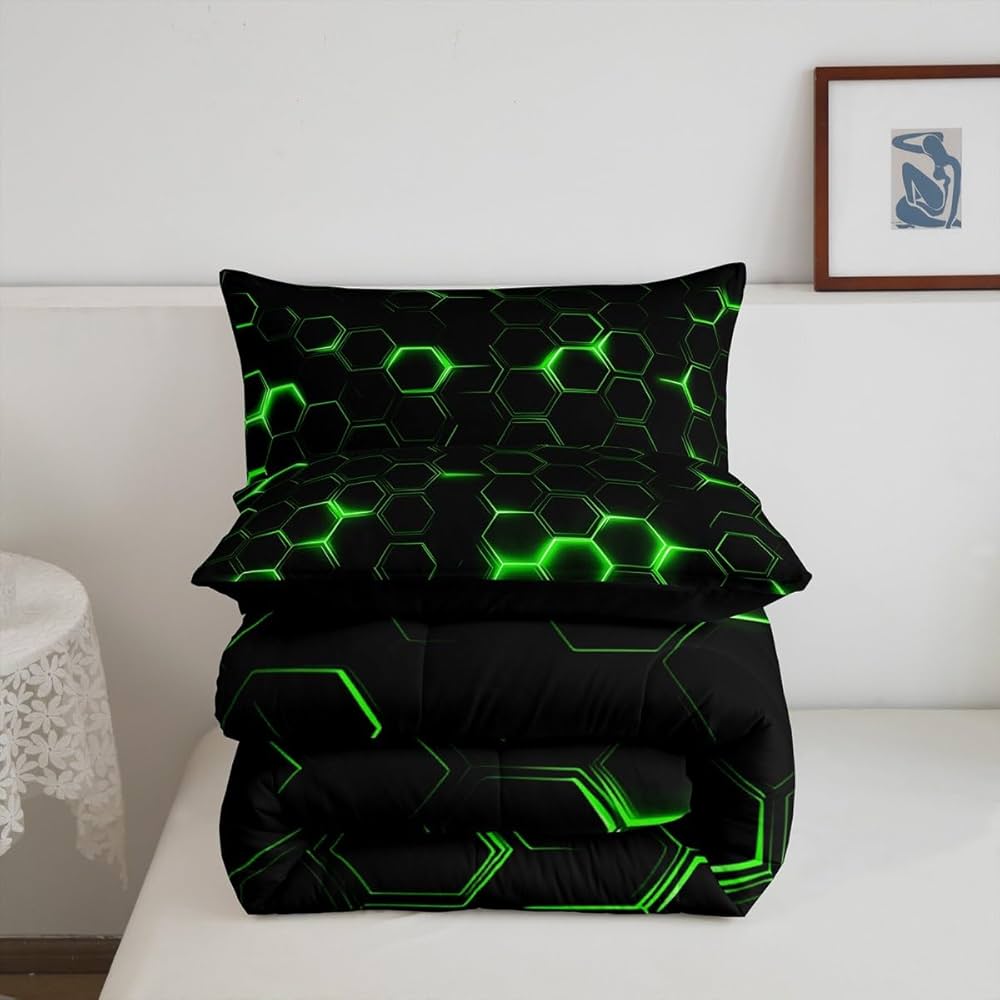 jejeloiu Honeycomb Comforter Set Twin Size Hexagon Theme Bedding Set for Boys Men Adults Teens Green Neon Lights Hexagonal Art Duvet Quilt Room Decor
