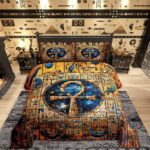 Gold Egyptian Print Comforter Set Old Egypt Hieroglyphics Pattern Bedding Set Full for Kids Boys Girls Teens Adults Room Decor,Retro Egyptian Civilization Down Comforter,Exotic Tribal Duvet Insert