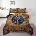 Gold Egyptian Print Comforter Set Old Egypt Hieroglyphics Pattern Bedding Set Full for Kids Boys Girls Teens Adults Room Decor,Retro Egyptian Civilization Down Comforter,Exotic Tribal Duvet Insert