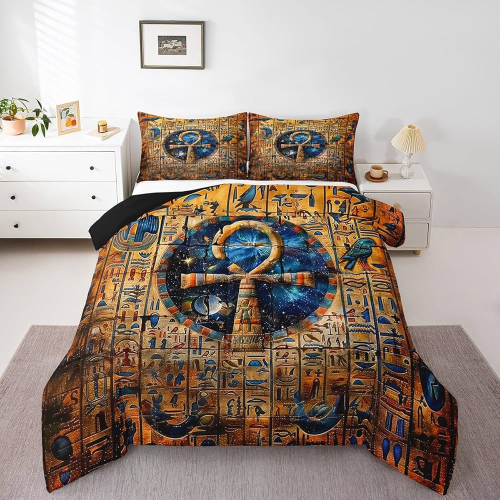 Gold Egyptian Print Comforter Set Old Egypt Hieroglyphics Pattern Bedding Set Full for Kids Boys Girls Teens Adults Room Decor,Retro Egyptian Civilization Down Comforter,Exotic Tribal Duvet Insert