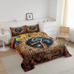 Gold Egyptian Print Comforter Set Old Egypt Hieroglyphics Pattern Bedding Set Full for Kids Boys Girls Teens Adults Room Decor,Retro Egyptian Civilization Down Comforter,Exotic Tribal Duvet Insert