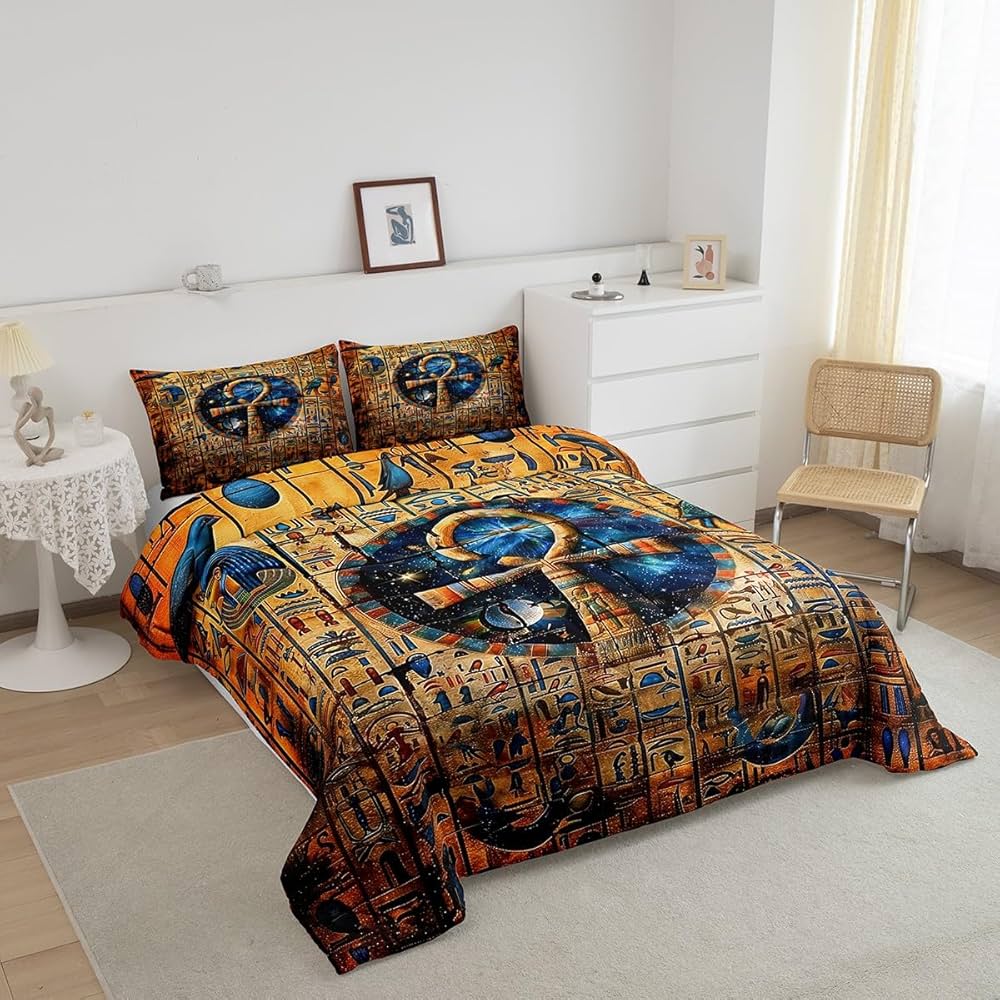 Gold Egyptian Print Comforter Set Old Egypt Hieroglyphics Pattern Bedding Set Full for Kids Boys Girls Teens Adults Room Decor,Retro Egyptian Civilization Down Comforter,Exotic Tribal Duvet Insert