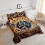 Gold Egyptian Print Comforter Set Old Egypt Hieroglyphics Pattern Bedding Set Full for Kids Boys Girls Teens Adults Room Decor,Retro Egyptian Civilization Down Comforter,Exotic Tribal Duvet Insert