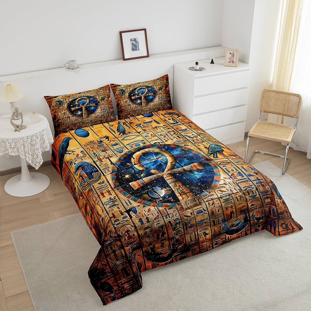 Gold Egyptian Print Comforter Set Old Egypt Hieroglyphics Pattern Bedding Set Full for Kids Boys Girls Teens Adults Room Decor,Retro Egyptian Civilization Down Comforter,Exotic Tribal Duvet Insert