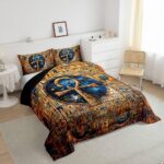 Gold Egyptian Print Comforter Set Old Egypt Hieroglyphics Pattern Bedding Set Full for Kids Boys Girls Teens Adults Room Decor,Retro Egyptian Civilization Down Comforter,Exotic Tribal Duvet Insert