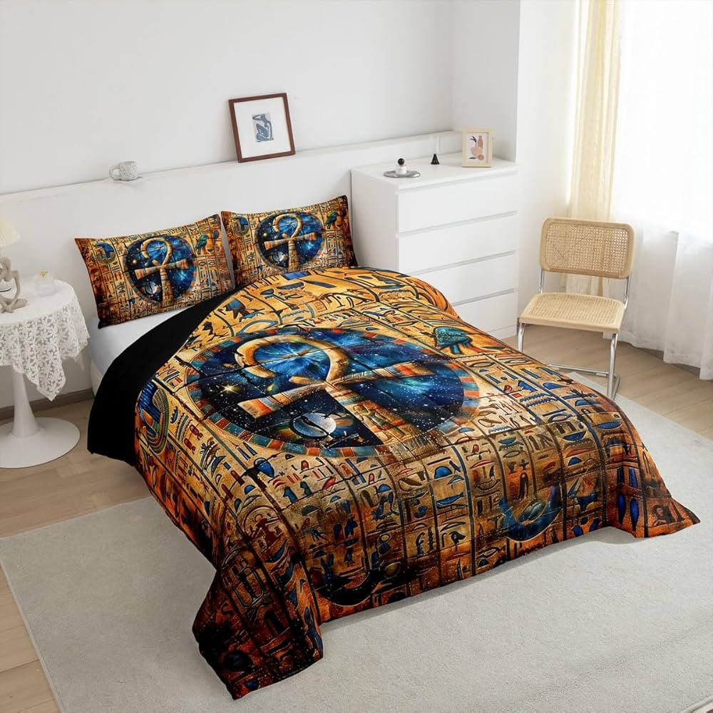 Gold Egyptian Print Comforter Set Old Egypt Hieroglyphics Pattern Bedding Set Full for Kids Boys Girls Teens Adults Room Decor,Retro Egyptian Civilization Down Comforter,Exotic Tribal Duvet Insert