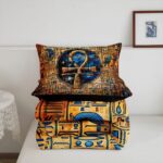 Gold Egyptian Print Comforter Set Old Egypt Hieroglyphics Pattern Bedding Set Full for Kids Boys Girls Teens Adults Room Decor,Retro Egyptian Civilization Down Comforter,Exotic Tribal Duvet Insert