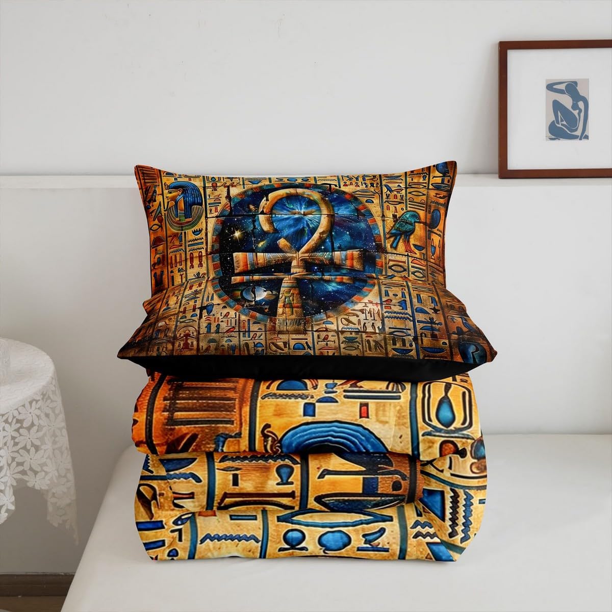 Gold Egyptian Print Comforter Set Old Egypt Hieroglyphics Pattern Bedding Set Full for Kids Boys Girls Teens Adults Room Decor,Retro Egyptian Civilization Down Comforter,Exotic Tribal Duvet Insert