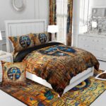 Gold Egyptian Print Comforter Set Old Egypt Hieroglyphics Pattern Bedding Set Full for Kids Boys Girls Teens Adults Room Decor,Retro Egyptian Civilization Down Comforter,Exotic Tribal Duvet Insert