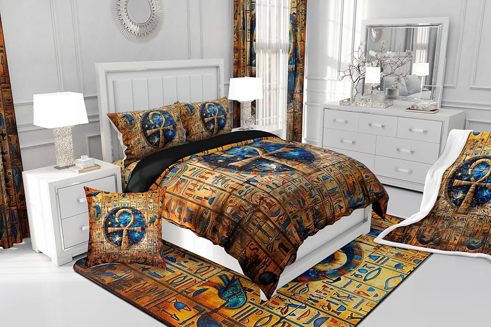 Gold Egyptian Print Comforter Set Old Egypt Hieroglyphics Pattern Bedding Set Full for Kids Boys Girls Teens Adults Room Decor,Retro Egyptian Civilization Down Comforter,Exotic Tribal Duvet Insert