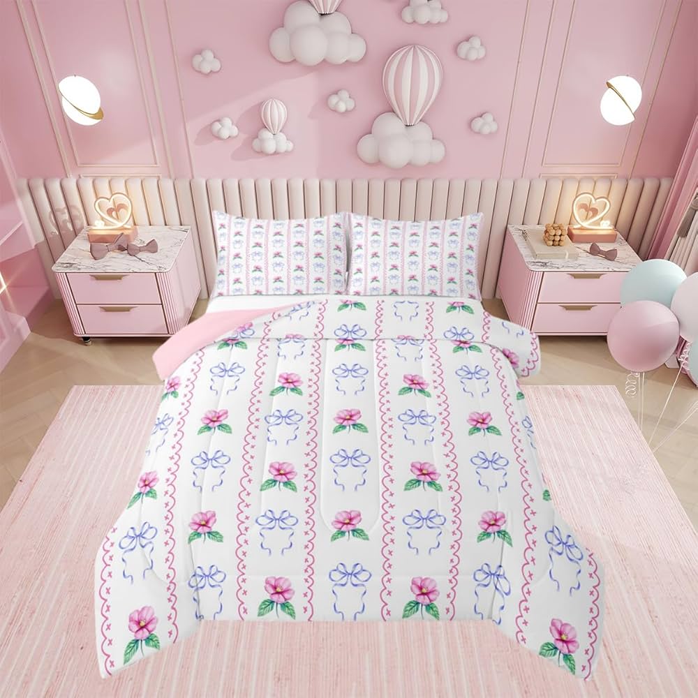 Erosebridal Girls Bowknot Comforter Set, Pink Flowers Bedding Set Twin Size Silk Ribbon Bow Watercolor Floral Quilt for Kids Child Teens Adult, Dreamy Princess Room Home Decor, Machine Washable