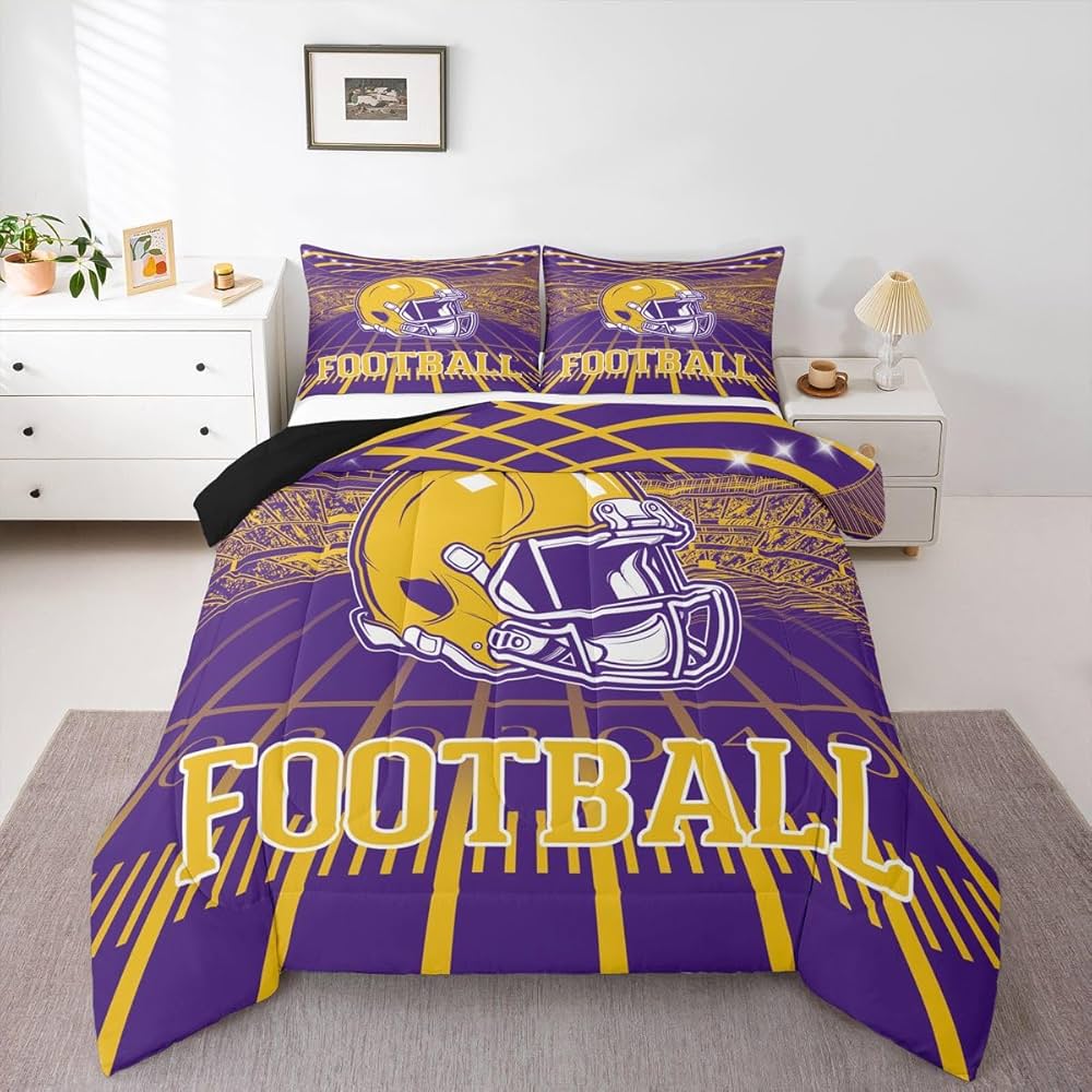 Erosebridal Football City Bed Set Rugby Football Seasonal Color Bedding, 3D Sports Fan Gifts Comforter Set Purple and Yellow Rugby Helmet Duvet Insert Twin Size with 1 Pillowcase