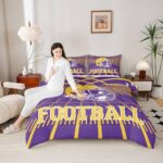 Erosebridal Football City Bed Set Rugby Football Seasonal Color Bedding, 3D Sports Fan Gifts Comforter Set Purple and Yellow Rugby Helmet Duvet Insert Twin Size with 1 Pillowcase