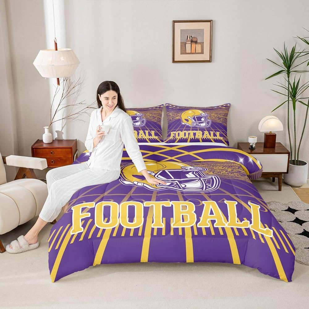 Erosebridal Football City Bed Set Rugby Football Seasonal Color Bedding, 3D Sports Fan Gifts Comforter Set Purple and Yellow Rugby Helmet Duvet Insert Twin Size with 1 Pillowcase