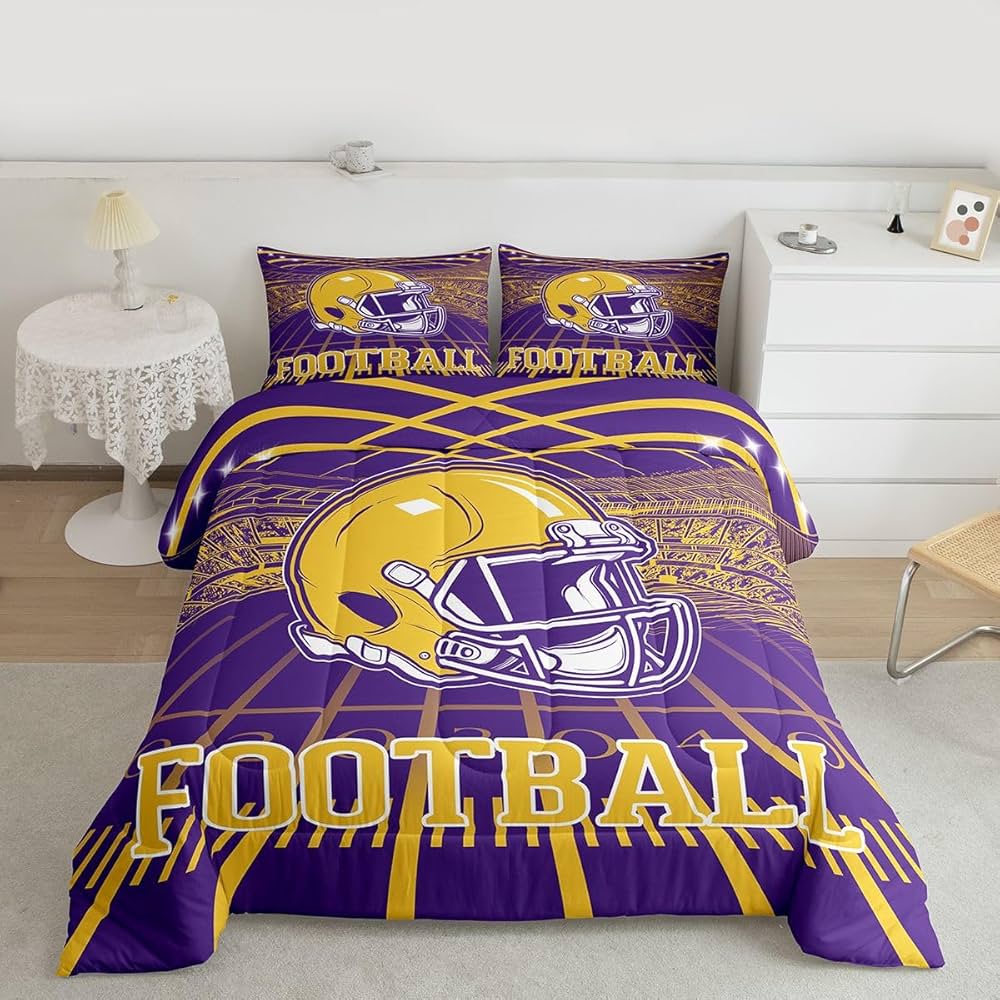 Erosebridal Football City Bed Set Rugby Football Seasonal Color Bedding, 3D Sports Fan Gifts Comforter Set Purple and Yellow Rugby Helmet Duvet Insert Twin Size with 1 Pillowcase
