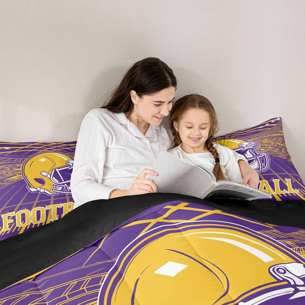 Erosebridal Football City Bed Set Rugby Football Seasonal Color Bedding, 3D Sports Fan Gifts Comforter Set Purple and Yellow Rugby Helmet Duvet Insert Twin Size with 1 Pillowcase