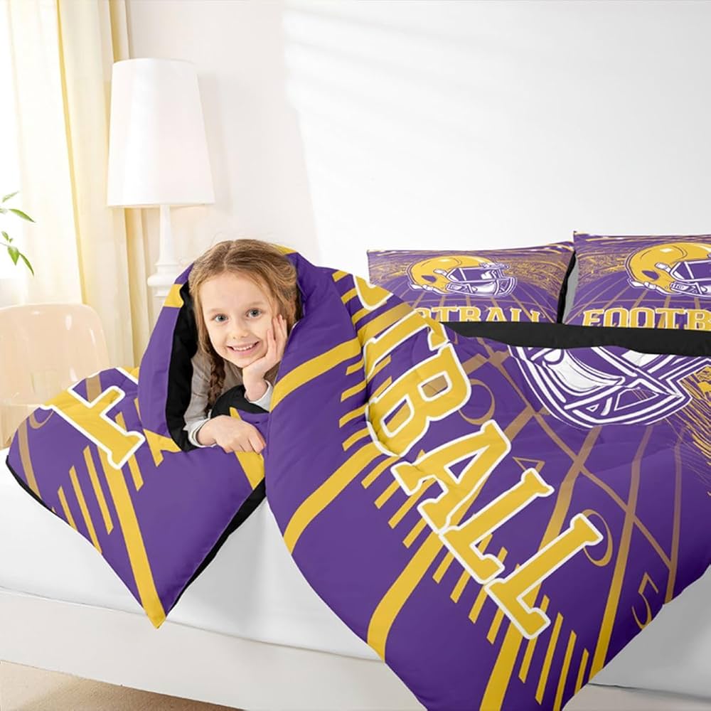 Erosebridal Football City Bed Set Rugby Football Seasonal Color Bedding, 3D Sports Fan Gifts Comforter Set Purple and Yellow Rugby Helmet Duvet Insert Twin Size with 1 Pillowcase
