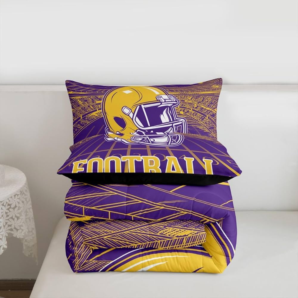 Erosebridal Football City Bed Set Rugby Football Seasonal Color Bedding, 3D Sports Fan Gifts Comforter Set Purple and Yellow Rugby Helmet Duvet Insert Twin Size with 1 Pillowcase
