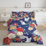 jejeloiu Japanese Crane Comforter Set Twin Size,Oriental Asian Style Retro Flower Bedding Set for Girls Women Room Decor,Ocean Wave Bedding Comforter Sets Ukiyo-E Flowers Quilt Bed Set 2Pcs
