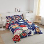 jejeloiu Japanese Crane Comforter Set Twin Size,Oriental Asian Style Retro Flower Bedding Set for Girls Women Room Decor,Ocean Wave Bedding Comforter Sets Ukiyo-E Flowers Quilt Bed Set 2Pcs