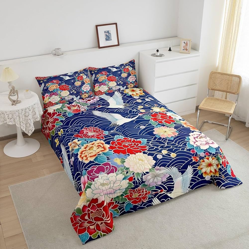 jejeloiu Japanese Crane Comforter Set Twin Size,Oriental Asian Style Retro Flower Bedding Set for Girls Women Room Decor,Ocean Wave Bedding Comforter Sets Ukiyo-E Flowers Quilt Bed Set 2Pcs