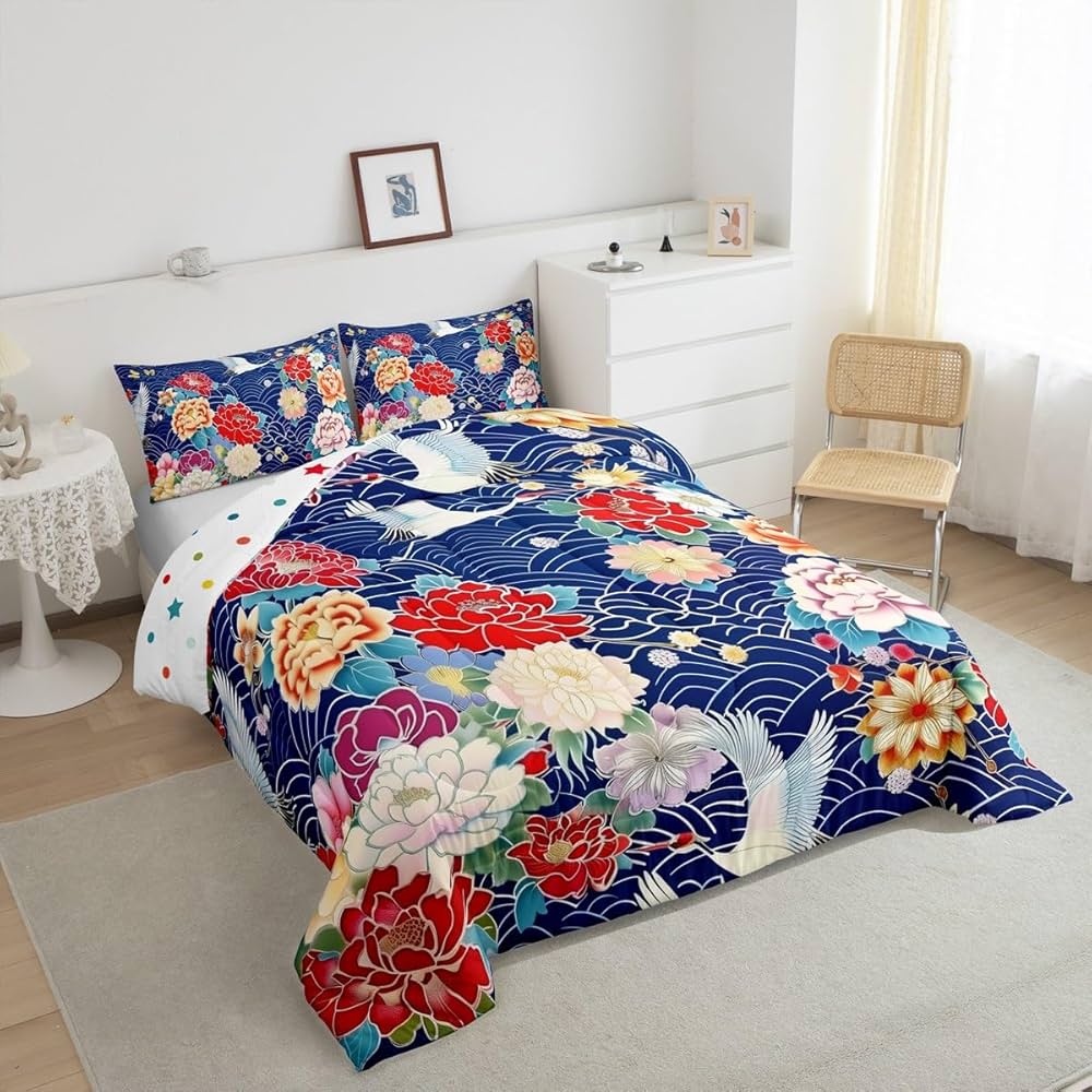 jejeloiu Japanese Crane Comforter Set Twin Size,Oriental Asian Style Retro Flower Bedding Set for Girls Women Room Decor,Ocean Wave Bedding Comforter Sets Ukiyo-E Flowers Quilt Bed Set 2Pcs