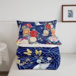 jejeloiu Japanese Crane Comforter Set Twin Size,Oriental Asian Style Retro Flower Bedding Set for Girls Women Room Decor,Ocean Wave Bedding Comforter Sets Ukiyo-E Flowers Quilt Bed Set 2Pcs