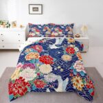 jejeloiu Japanese Crane Comforter Set Twin Size,Oriental Asian Style Retro Flower Bedding Set for Girls Women Room Decor,Ocean Wave Bedding Comforter Sets Ukiyo-E Flowers Quilt Bed Set 2Pcs