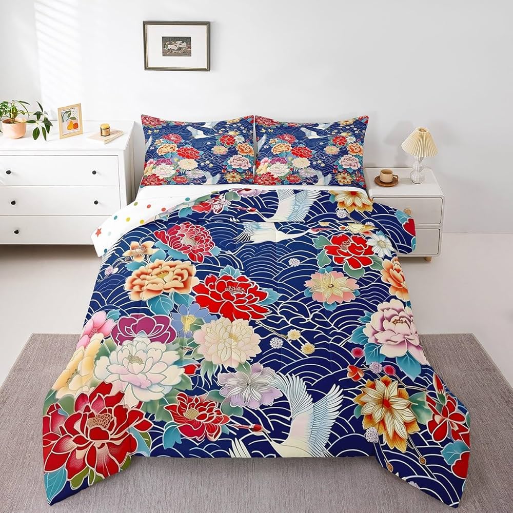 jejeloiu Japanese Crane Comforter Set Twin Size,Oriental Asian Style Retro Flower Bedding Set for Girls Women Room Decor,Ocean Wave Bedding Comforter Sets Ukiyo-E Flowers Quilt Bed Set 2Pcs