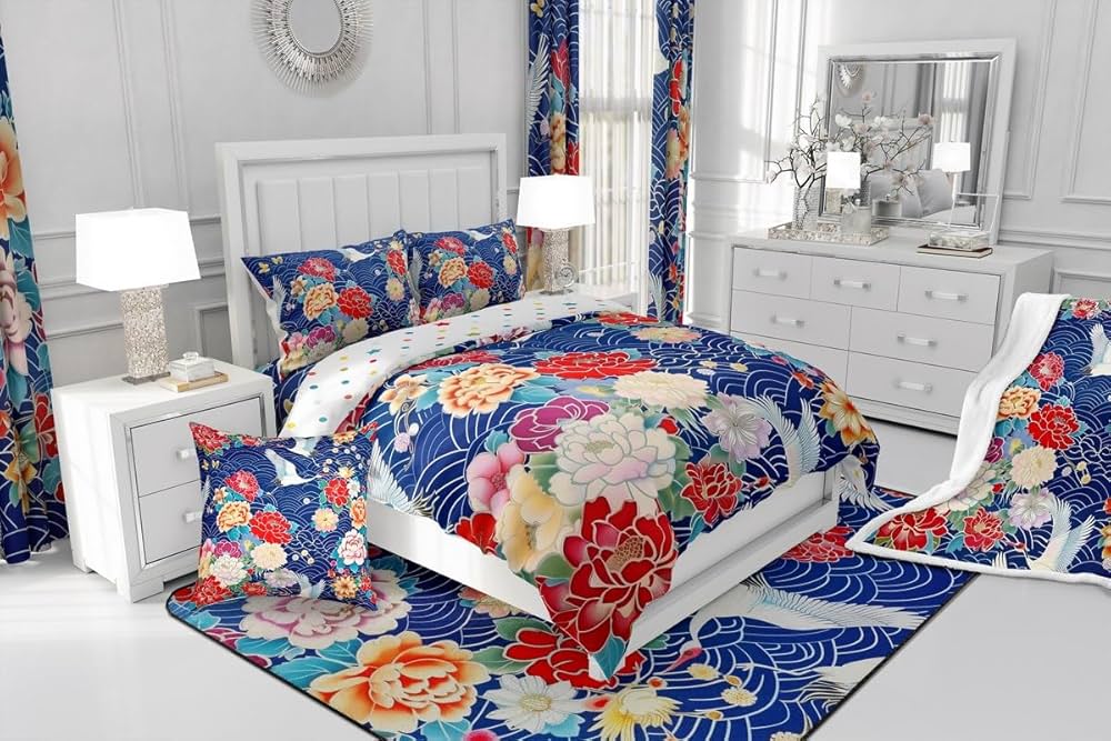 jejeloiu Japanese Crane Comforter Set Twin Size,Oriental Asian Style Retro Flower Bedding Set for Girls Women Room Decor,Ocean Wave Bedding Comforter Sets Ukiyo-E Flowers Quilt Bed Set 2Pcs