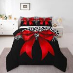 Erosebridal Leopard Bowknot Comforter Set Twin Size, African Cheetah Wildlife Bedding Set for Kids Girls Teens Adult Women, Girly Bow Quilt Bow Knot Duvet Insert with 1 Pillow Case, Black Red