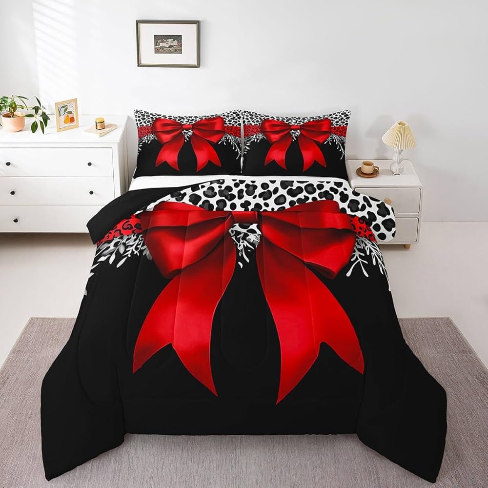 Erosebridal Leopard Bowknot Comforter Set Twin Size, African Cheetah Wildlife Bedding Set for Kids Girls Teens Adult Women, Girly Bow Quilt Bow Knot Duvet Insert with 1 Pillow Case, Black Red