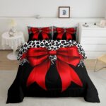 Erosebridal Leopard Bowknot Comforter Set Twin Size, African Cheetah Wildlife Bedding Set for Kids Girls Teens Adult Women, Girly Bow Quilt Bow Knot Duvet Insert with 1 Pillow Case, Black Red