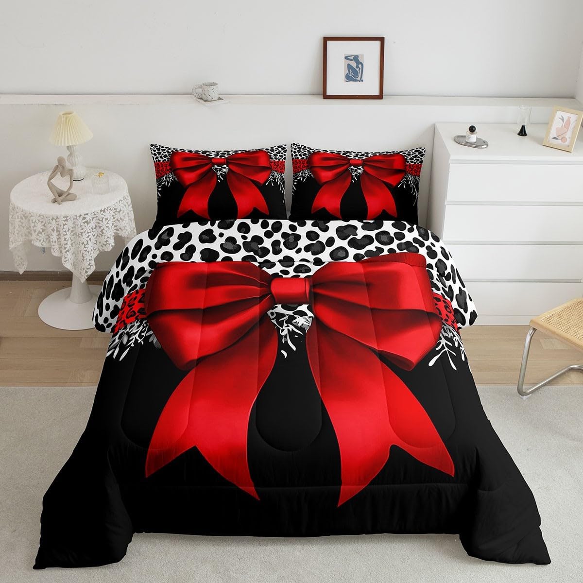Erosebridal Leopard Bowknot Comforter Set Twin Size, African Cheetah Wildlife Bedding Set for Kids Girls Teens Adult Women, Girly Bow Quilt Bow Knot Duvet Insert with 1 Pillow Case, Black Red