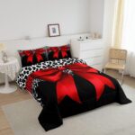 Erosebridal Leopard Bowknot Comforter Set Twin Size, African Cheetah Wildlife Bedding Set for Kids Girls Teens Adult Women, Girly Bow Quilt Bow Knot Duvet Insert with 1 Pillow Case, Black Red