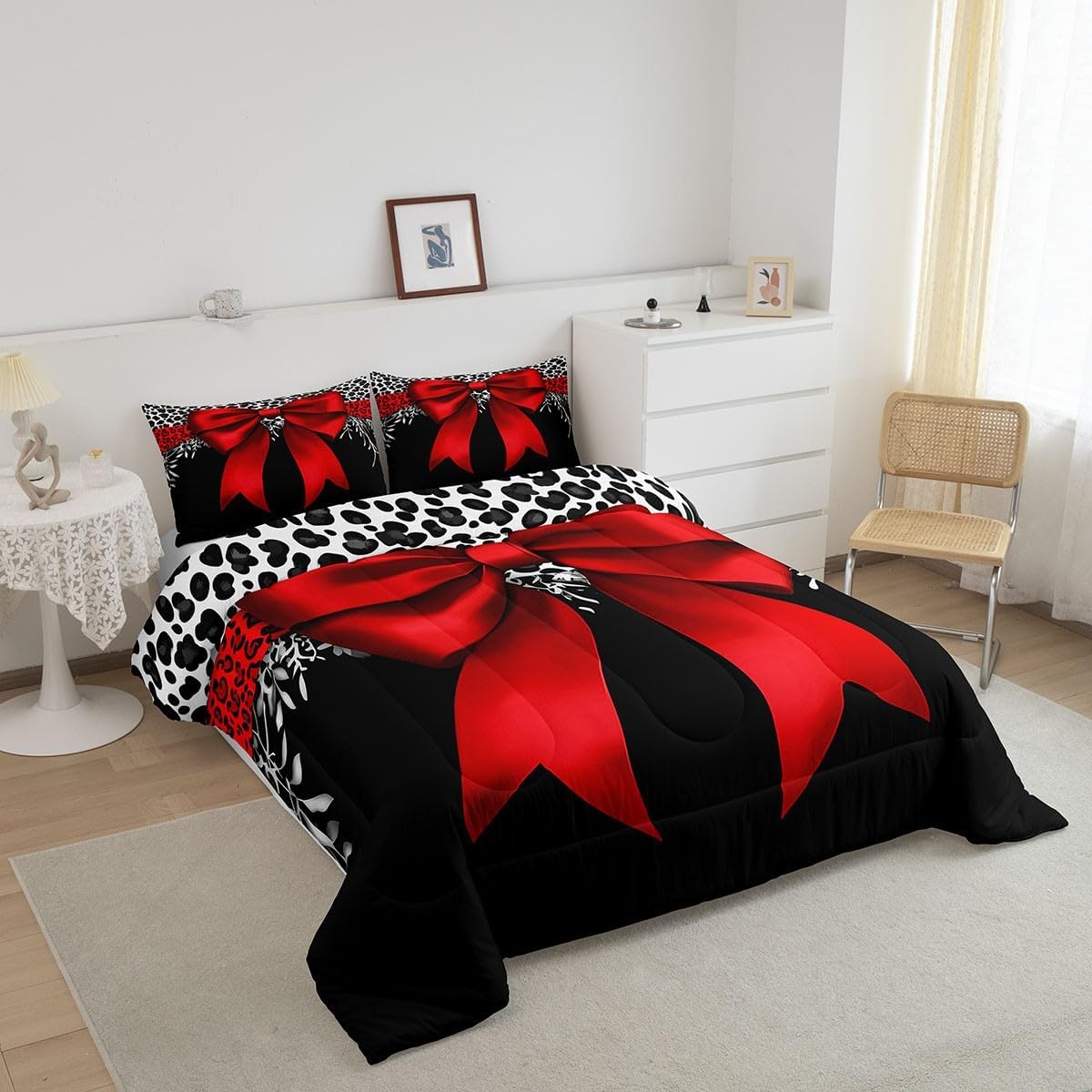 Erosebridal Leopard Bowknot Comforter Set Twin Size, African Cheetah Wildlife Bedding Set for Kids Girls Teens Adult Women, Girly Bow Quilt Bow Knot Duvet Insert with 1 Pillow Case, Black Red