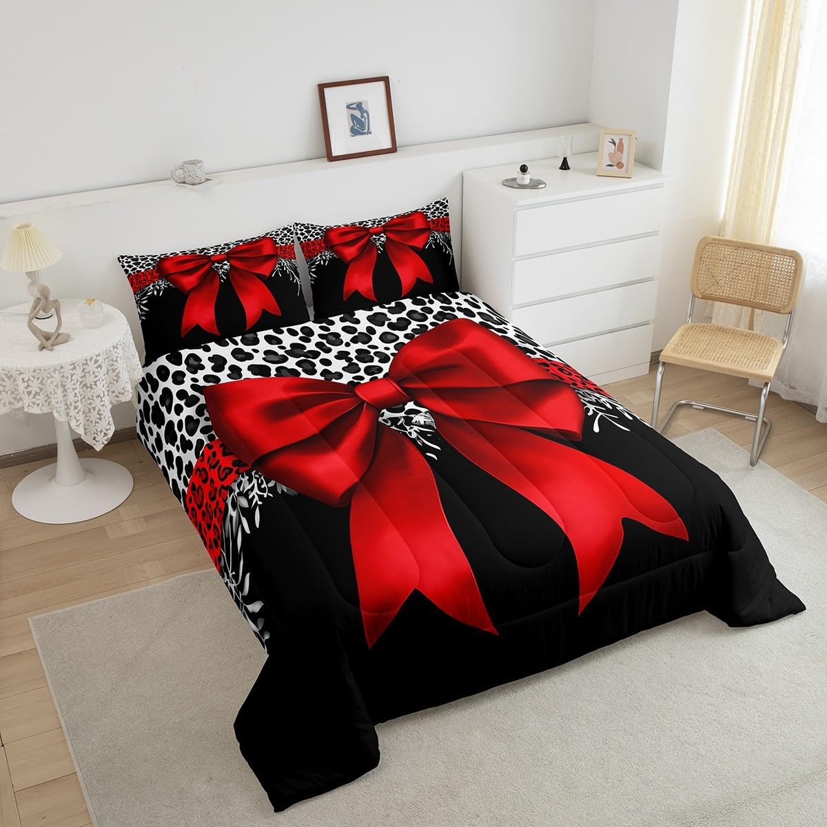 Erosebridal Leopard Bowknot Comforter Set Twin Size, African Cheetah Wildlife Bedding Set for Kids Girls Teens Adult Women, Girly Bow Quilt Bow Knot Duvet Insert with 1 Pillow Case, Black Red