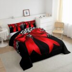 Erosebridal Leopard Bowknot Comforter Set Twin Size, African Cheetah Wildlife Bedding Set for Kids Girls Teens Adult Women, Girly Bow Quilt Bow Knot Duvet Insert with 1 Pillow Case, Black Red