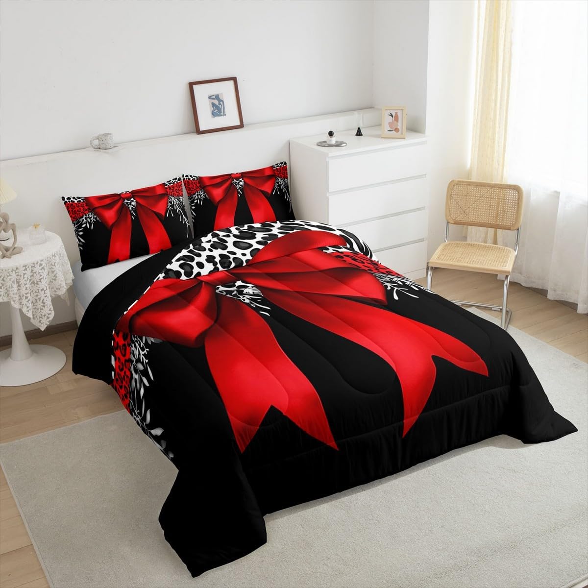 Erosebridal Leopard Bowknot Comforter Set Twin Size, African Cheetah Wildlife Bedding Set for Kids Girls Teens Adult Women, Girly Bow Quilt Bow Knot Duvet Insert with 1 Pillow Case, Black Red