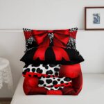 Erosebridal Leopard Bowknot Comforter Set Twin Size, African Cheetah Wildlife Bedding Set for Kids Girls Teens Adult Women, Girly Bow Quilt Bow Knot Duvet Insert with 1 Pillow Case, Black Red