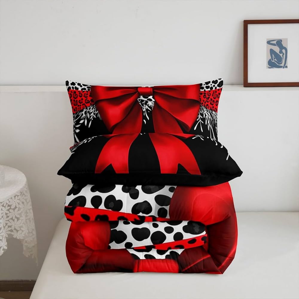 Erosebridal Leopard Bowknot Comforter Set Twin Size, African Cheetah Wildlife Bedding Set for Kids Girls Teens Adult Women, Girly Bow Quilt Bow Knot Duvet Insert with 1 Pillow Case, Black Red