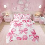 Erosebridal Pink Bowknot Comforter Set for Girls, Dreamy Princess Bowknot Bedding Set Full Size Girly Bow Quilt for Kids Children Women, Kawaii Decor Bedding Comforter Sets with 2 Pillow Cases