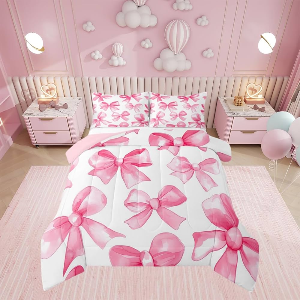Erosebridal Pink Bowknot Comforter Set for Girls, Dreamy Princess Bowknot Bedding Set Full Size Girly Bow Quilt for Kids Children Women, Kawaii Decor Bedding Comforter Sets with 2 Pillow Cases
