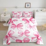 Erosebridal Pink Bowknot Comforter Set for Girls, Dreamy Princess Bowknot Bedding Set Full Size Girly Bow Quilt for Kids Children Women, Kawaii Decor Bedding Comforter Sets with 2 Pillow Cases