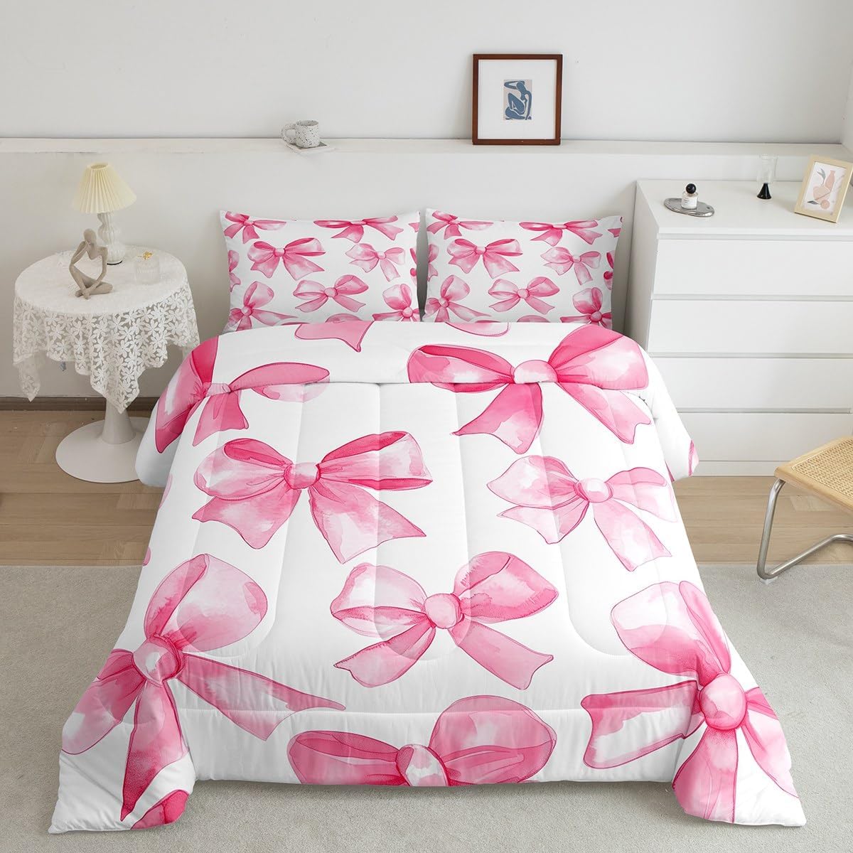 Erosebridal Pink Bowknot Comforter Set for Girls, Dreamy Princess Bowknot Bedding Set Full Size Girly Bow Quilt for Kids Children Women, Kawaii Decor Bedding Comforter Sets with 2 Pillow Cases