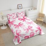 Erosebridal Pink Bowknot Comforter Set for Girls, Dreamy Princess Bowknot Bedding Set Full Size Girly Bow Quilt for Kids Children Women, Kawaii Decor Bedding Comforter Sets with 2 Pillow Cases