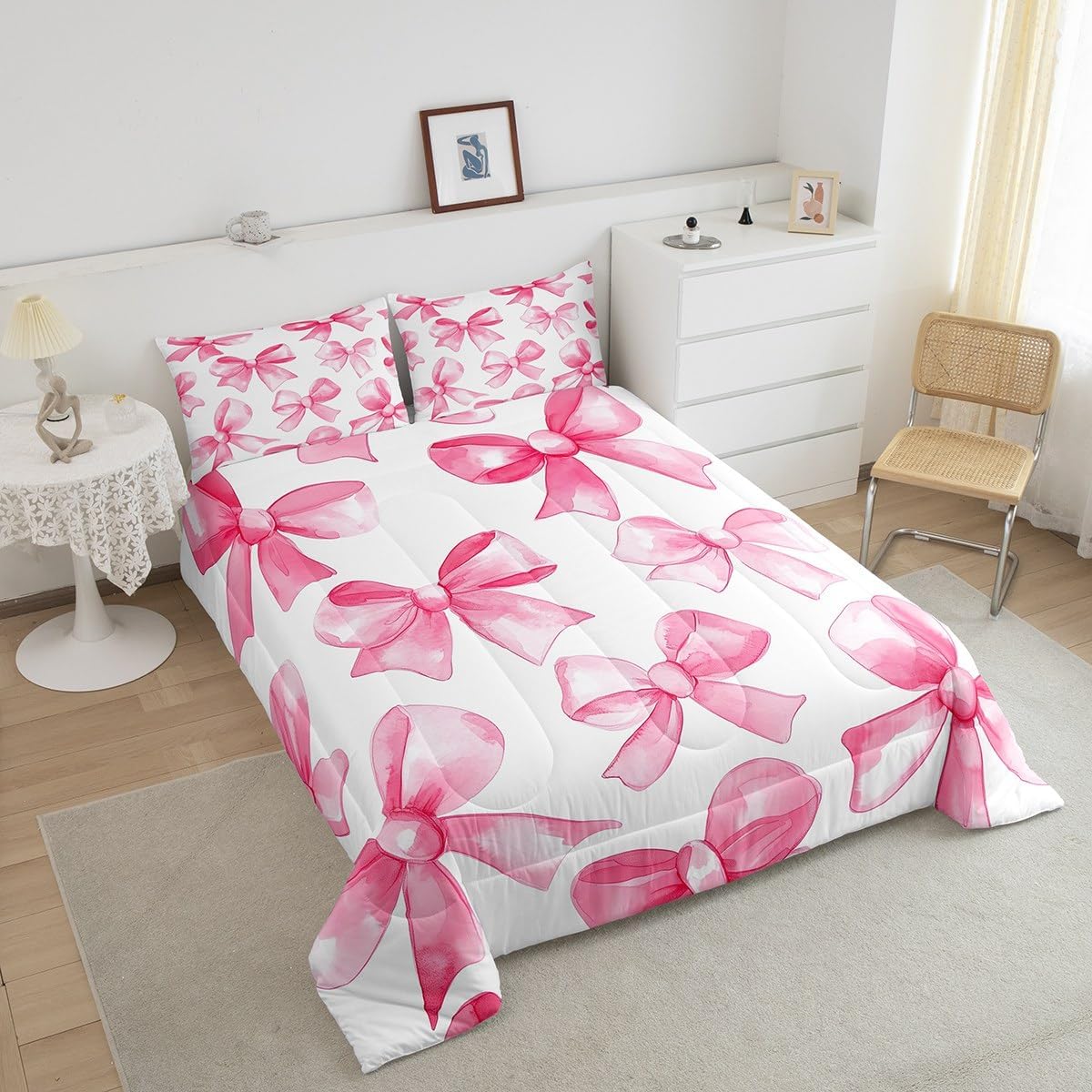Erosebridal Pink Bowknot Comforter Set for Girls, Dreamy Princess Bowknot Bedding Set Full Size Girly Bow Quilt for Kids Children Women, Kawaii Decor Bedding Comforter Sets with 2 Pillow Cases
