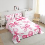 Erosebridal Pink Bowknot Comforter Set for Girls, Dreamy Princess Bowknot Bedding Set Full Size Girly Bow Quilt for Kids Children Women, Kawaii Decor Bedding Comforter Sets with 2 Pillow Cases