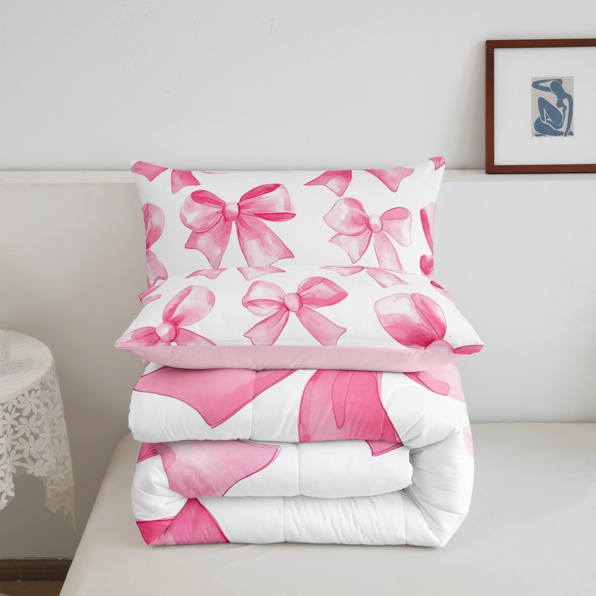Erosebridal Pink Bowknot Comforter Set for Girls, Dreamy Princess Bowknot Bedding Set Full Size Girly Bow Quilt for Kids Children Women, Kawaii Decor Bedding Comforter Sets with 2 Pillow Cases
